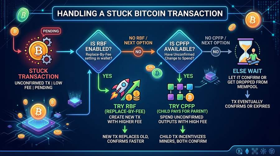 Unstick path: RBF when enabled, otherwise CPFP, or wait for lower fees — see wallet section below.