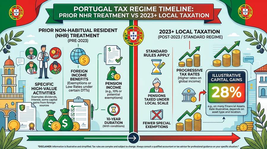 Portugal: 2023 reform — short-term 28% vs long-term exemption; NHR context.