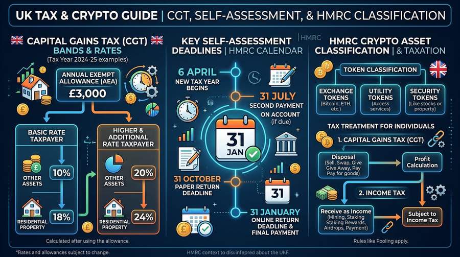 HMRC: CGT bands, annual exemption, and Section 104 pooling (illustrative).
