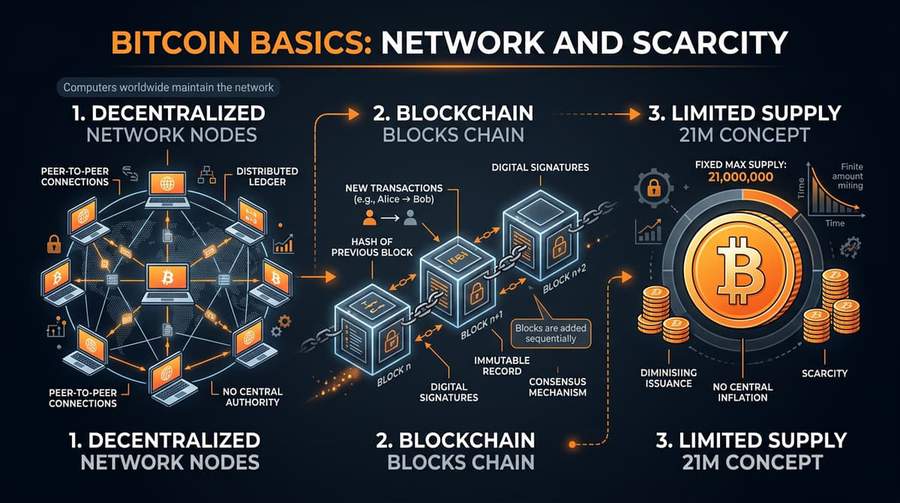 Bitcoin network, scarcity, and blocks: simplified mental model