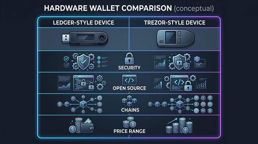 Conceptual comparison: mainstream hardware wallets (generic devices, not to scale)