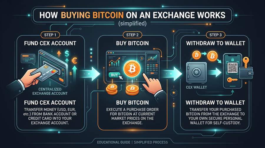 Typical flow: fund exchange → buy BTC → withdraw to your wallet