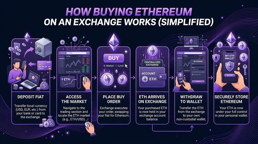 Typical flow: fund exchange → buy ETH → withdraw or stake