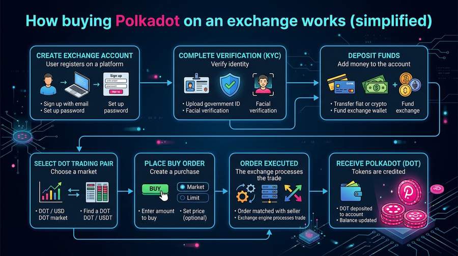 Typical flow: fund exchange → buy DOT → nominate or pool stake