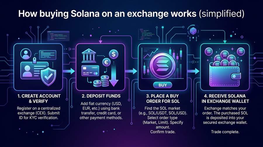 Typical flow: fund exchange → buy SOL → wallet and onchain use