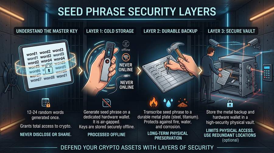 Offline backup, hardware wallet, and layered protection for seed phrases