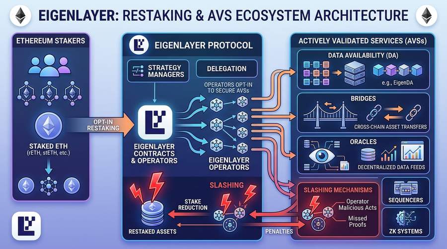 Staked ETH extends security to Actively Validated Services (AVSs) — extra yield, extra slashing surface.