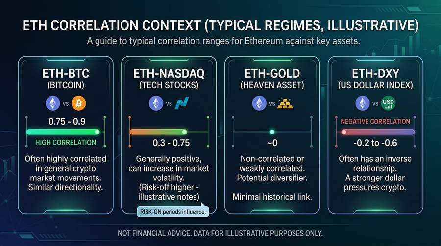 Typical correlation relationships between ETH, BTC, equities, gold, and the dollar across regimes (illustrative; not trading advice)