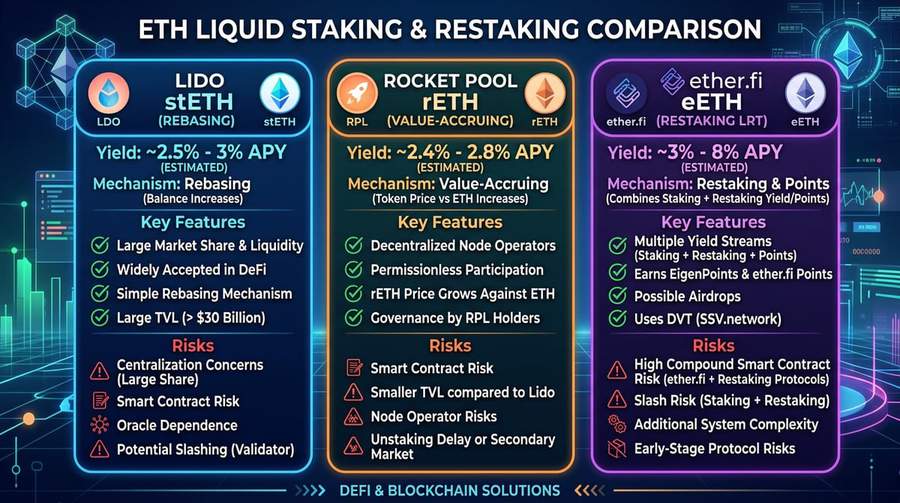 High-level trade-offs: Lido’s depth, Rocket Pool’s validator model, ether.fi’s built-in restaking.