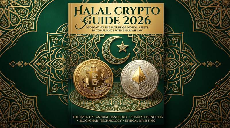 Stylised halal certification mark with a Bitcoin and Ethereum logo on a dark green editorial background
