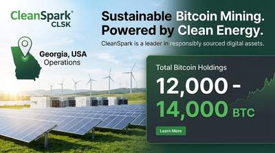 CleanSpark logo with mining facility and Bitcoin treasury growth chart
