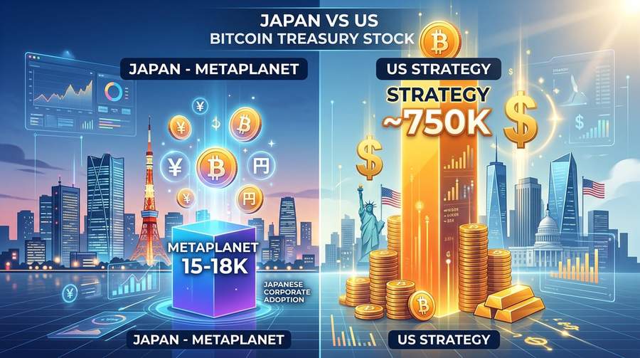 Asia-listed treasury scale vs US giants (illustrative): Metaplanet vs Strategy.