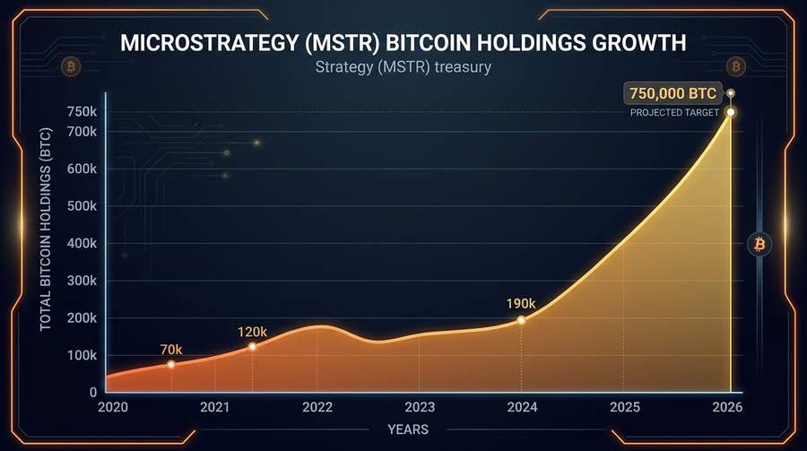 Illustrative long-run corporate treasury accumulation to ~750K+ BTC; exact path varies by purchase.