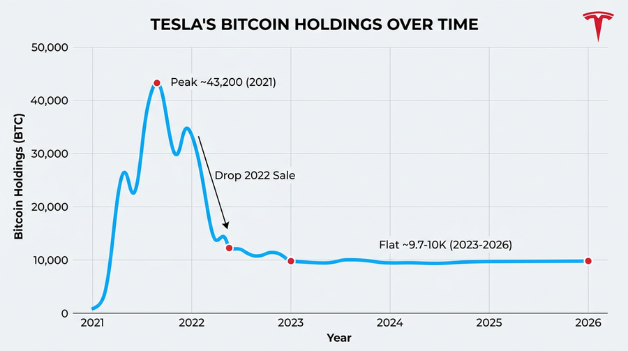 Tesla treasury BTC over time: large 2021 position, 2022 sale, then a stable ~9.7β10KβBTC balance.