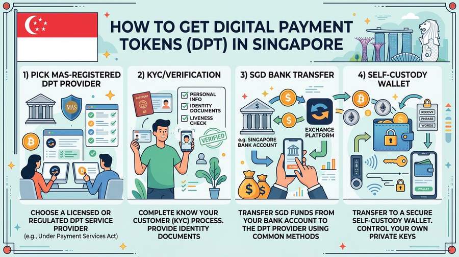 Licensed DPT on-ramp: exchange → SGD → BTC → your wallet.