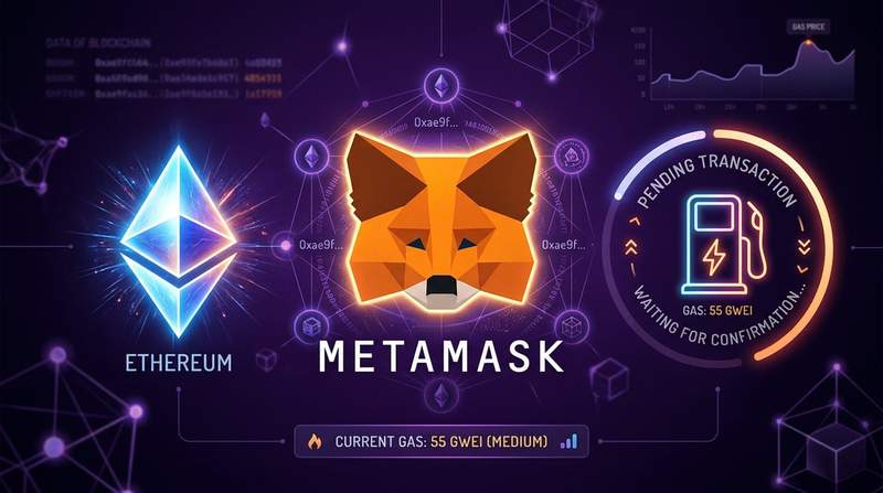 MetaMask fox logo with pending transaction loading concept editorial