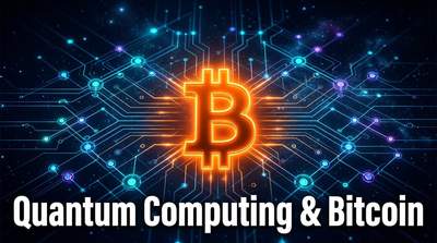 Stylized diagram of a quantum computer next to a Bitcoin logo