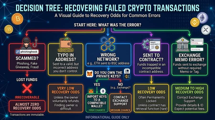 Wrong-network vs typo vs exchange tag errors have very different recovery odds; watch for fake “recovery” scams.