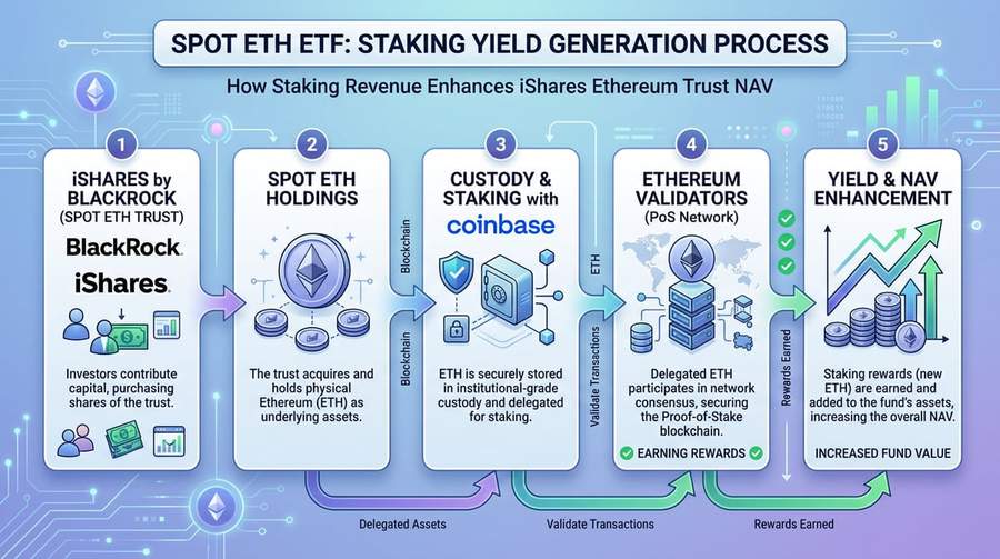 Illustrative flow from ETF shares to staking yield in NAV (net ~2–3% after fees).