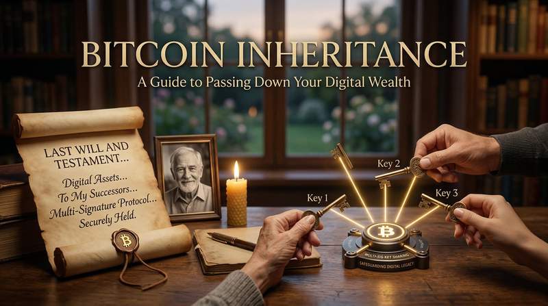 Bitcoin inheritance concept with family passing seed phrase on metal plate editorial composition