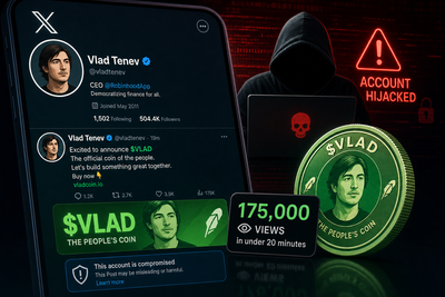 Diagram showing the fake VLAD memecoin scam flow from hijacked X account to malicious contract
