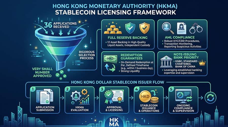 HKMA stablecoin licensing framework showing 36 applications and evaluation criteria for Hong Kong dollar stablecoin issuers