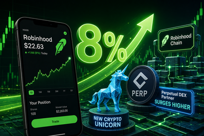 Robinhood Chain launch infographic showing HOOD stock price surge alongside perpetual DEX partner gains