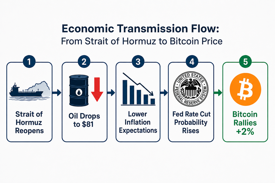 Diagram showing economic transmission mechanism from Strait of Hormuz reopening through oil price drop to Bitcoin rally