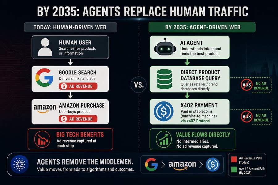 Diagram comparing traditional ad-driven internet commerce flow versus AI agent direct payment flow bypassing advertising