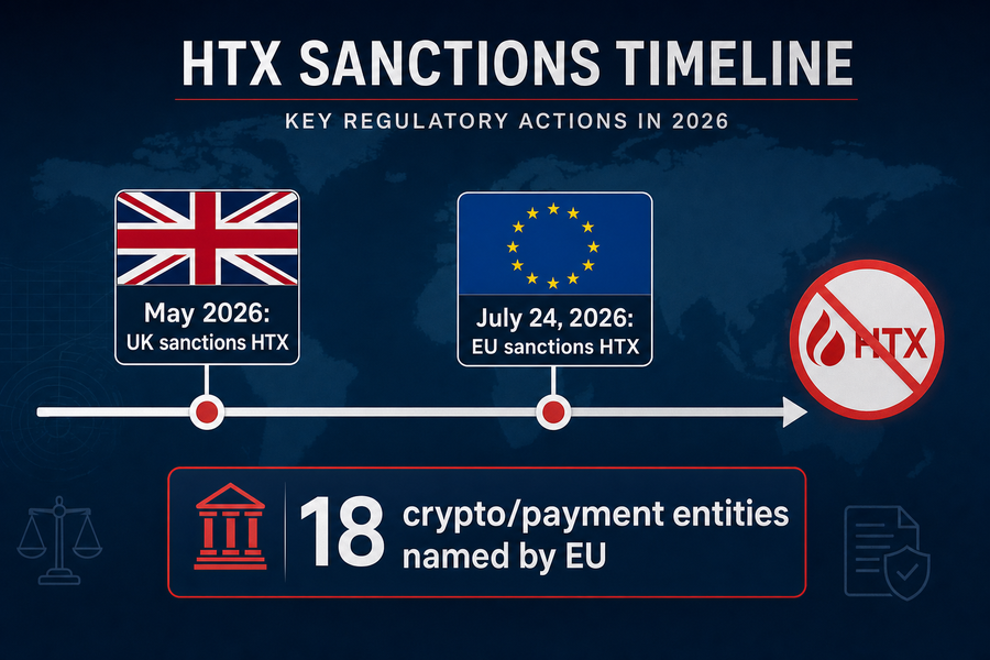 Timeline showing UK sanctions on HTX in May 2026 and EU sanctions in July 2026