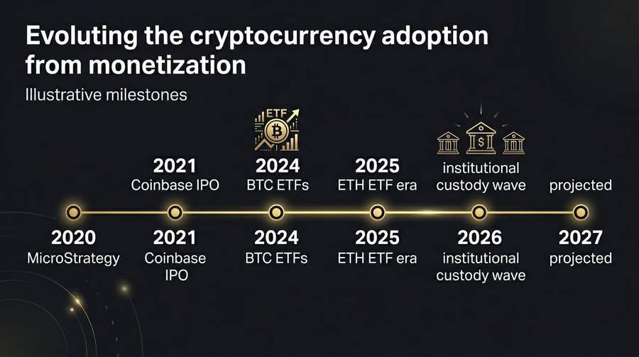 Timeline showing institutional crypto adoption milestones from 2020 to 2027