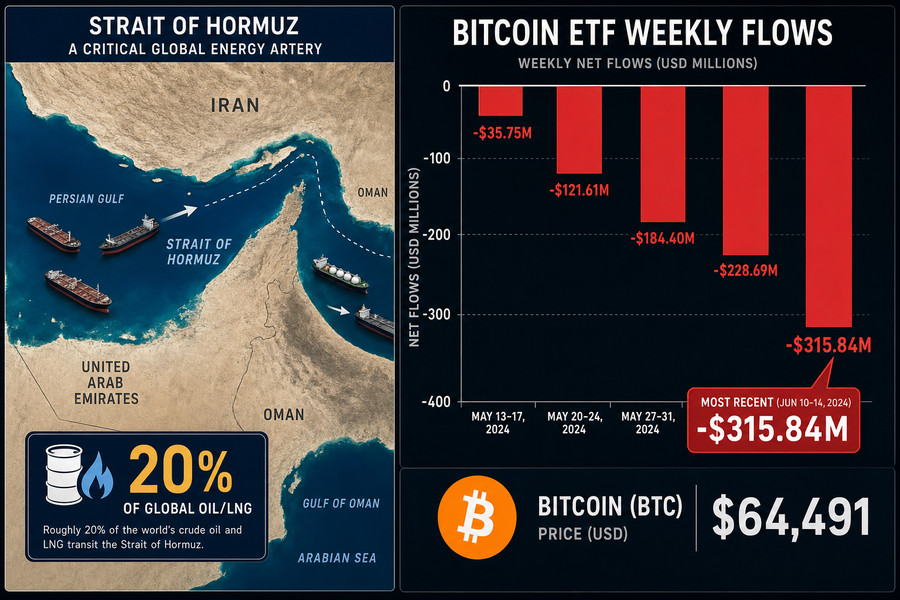 Infographic showing Strait of Hormuz oil chokepoint alongside five weeks of Bitcoin ETF outflows totaling $315.84 million in the most recent week