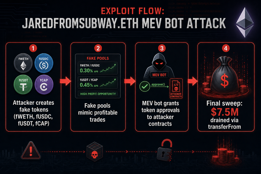 Diagram showing the four-step exploit flow used to drain $7.5 million from Jaredfromsubway.eth MEV bot using fake tokens and open approvals