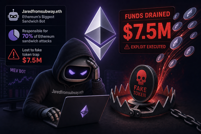 Diagram showing fake token trap exploit flow that drained Jaredfromsubway.eth MEV bot