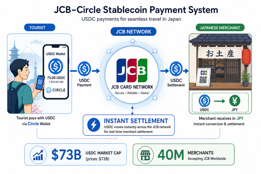 Diagram showing USDC stablecoin payment flow from tourist through JCB network to Japanese merchant