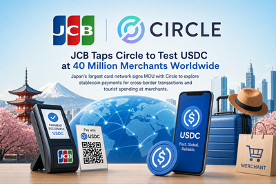 JCB and Circle logos with USDC stablecoin flowing through merchant payment network in Japan