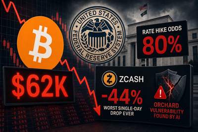 Bitcoin price chart showing decline below $62,000 alongside Treasury yield spike and Zcash crash data