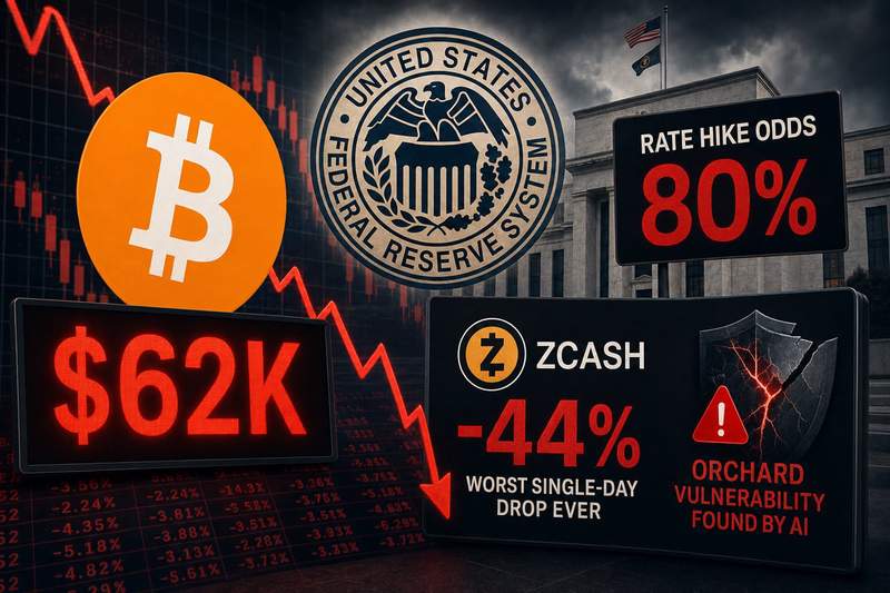 Bitcoin price chart showing decline below $62,000 alongside Treasury yield spike and Zcash crash data