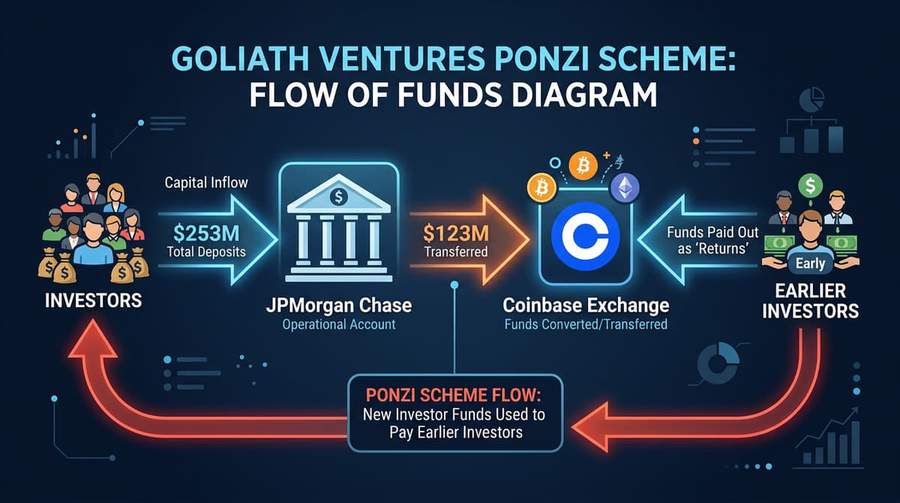 Diagram showing the flow of funds from investors through JPMorgan Chase to Coinbase and back to earlier investors in the Goliath Ventures Ponzi scheme
