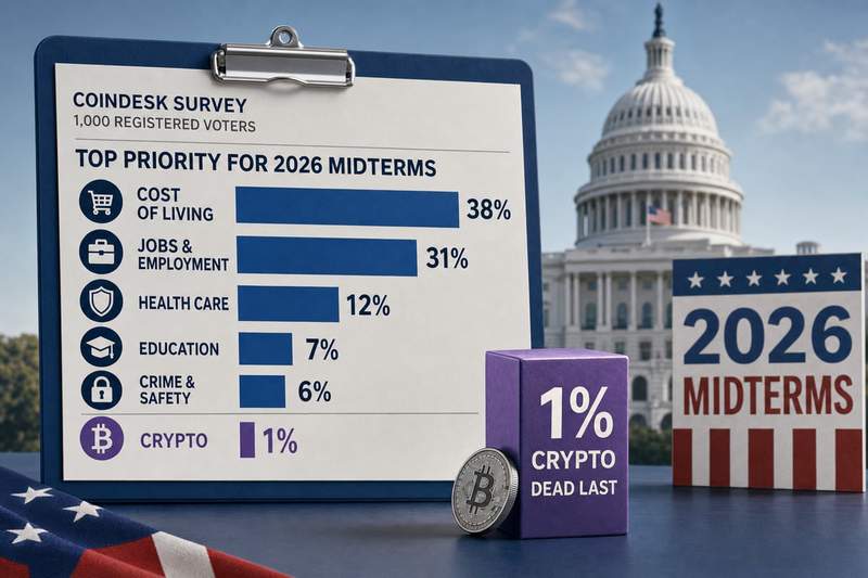 Survey results showing crypto ranking at bottom of US voter priorities for 2026 midterm election