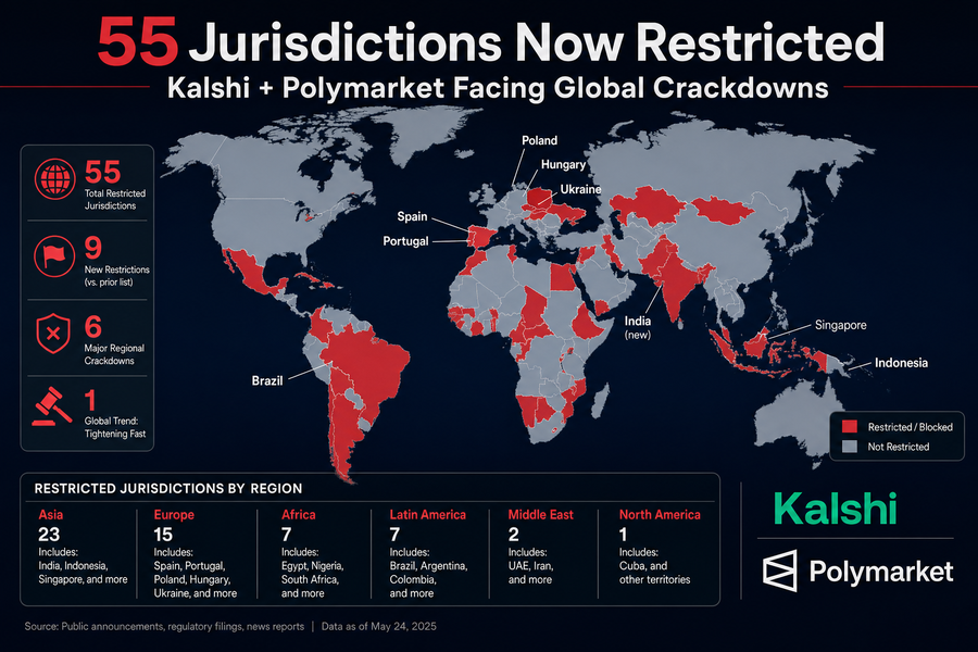 World map showing 55 countries where Kalshi has restricted access, with India, Spain, Indonesia and other nations highlighted