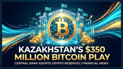 Kazakhstan flag with Bitcoin and crypto symbols representing the central bank's $350 million crypto investment from national reserves
