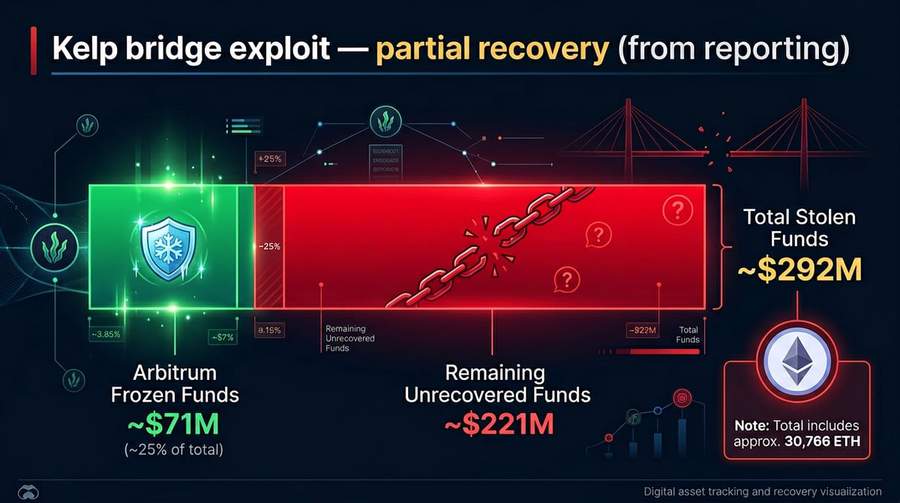 Illustrative recovery breakdown: stolen total vs Arbitrum-frozen ETH vs approximate remainder (figures from reporting above)