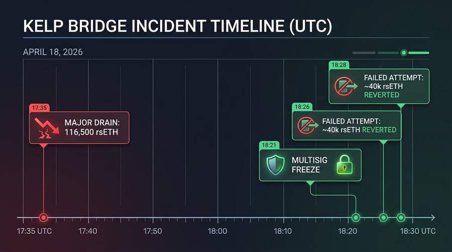 Incident timeline (UTC) from on-chain reporting: drain, pause, and follow-up attempts
