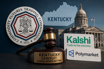 Legal scales with prediction market logos and Kentucky state seal representing the gambling lawsuit