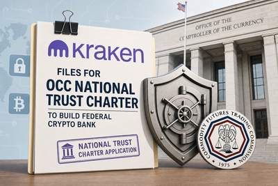 Kraken exchange logo with OCC federal banking charter filing documents and US regulatory symbols