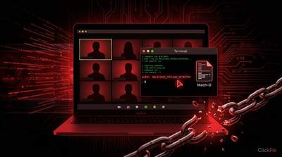 Diagram showing Mach-O Man malware attack flow from fake meeting invite to crypto theft