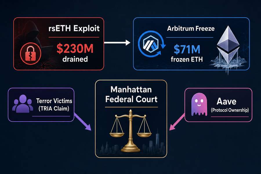 Legal documents and frozen Ethereum tokens representing the court battle over the Aave rsETH exploit funds