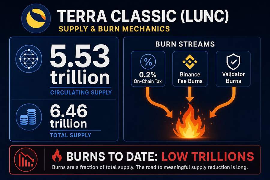 Infographic showing LUNC&rsquo;s 5.53 trillion circulating supply alongside the three burn mechanisms reducing it