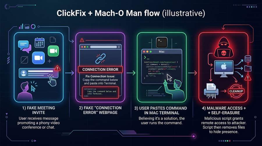 Diagram showing Mach-O Man malware attack flow from fake meeting invite through terminal command to full system access
